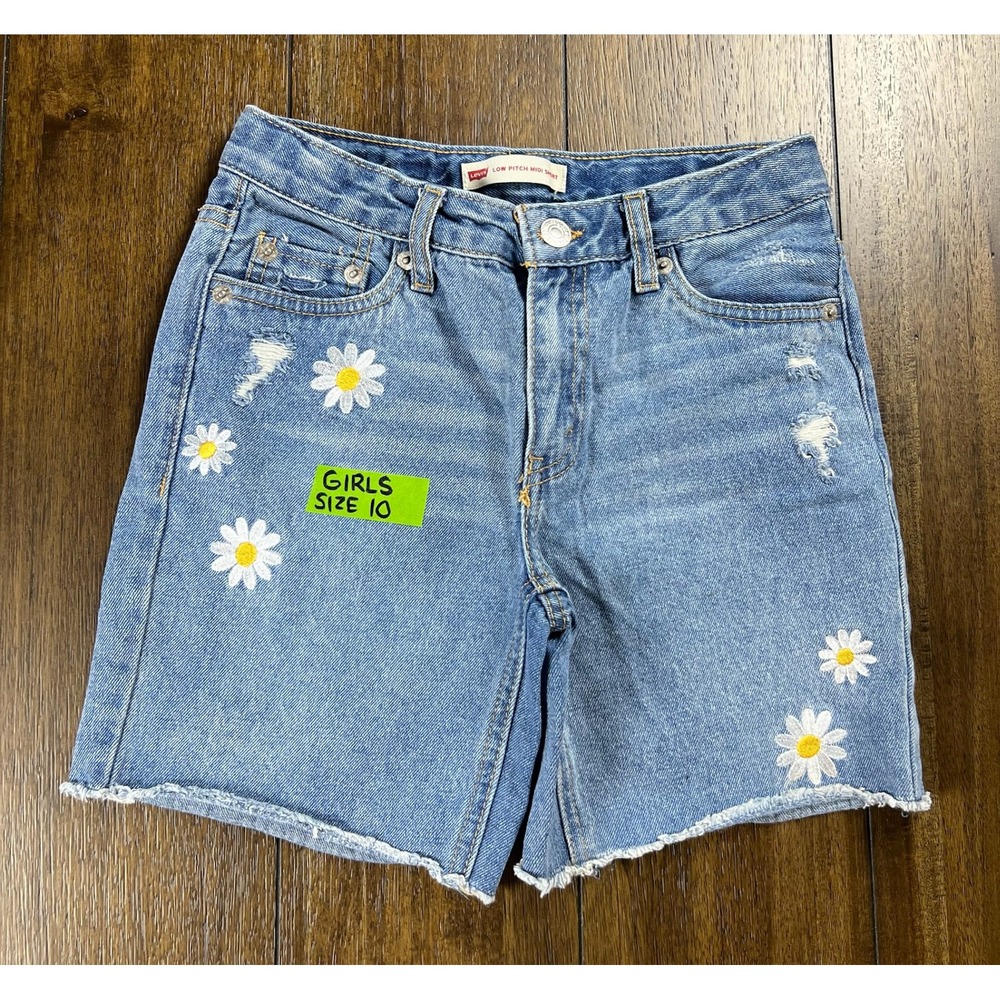 Levis Girls 10 Low Pitch Midi Shorts Light Wash Daisy Floral Distressed Denim